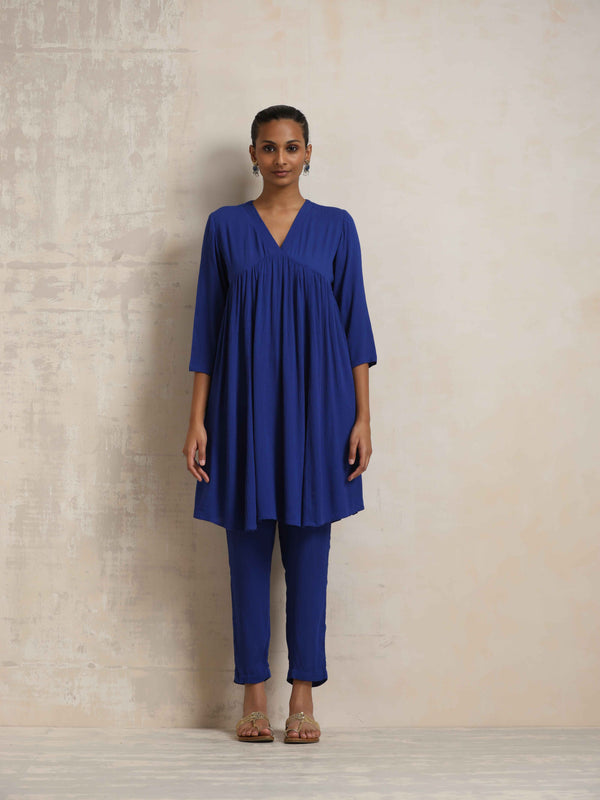 trueBrowns Blue Crinkle Flared Kurta Co-ord Set