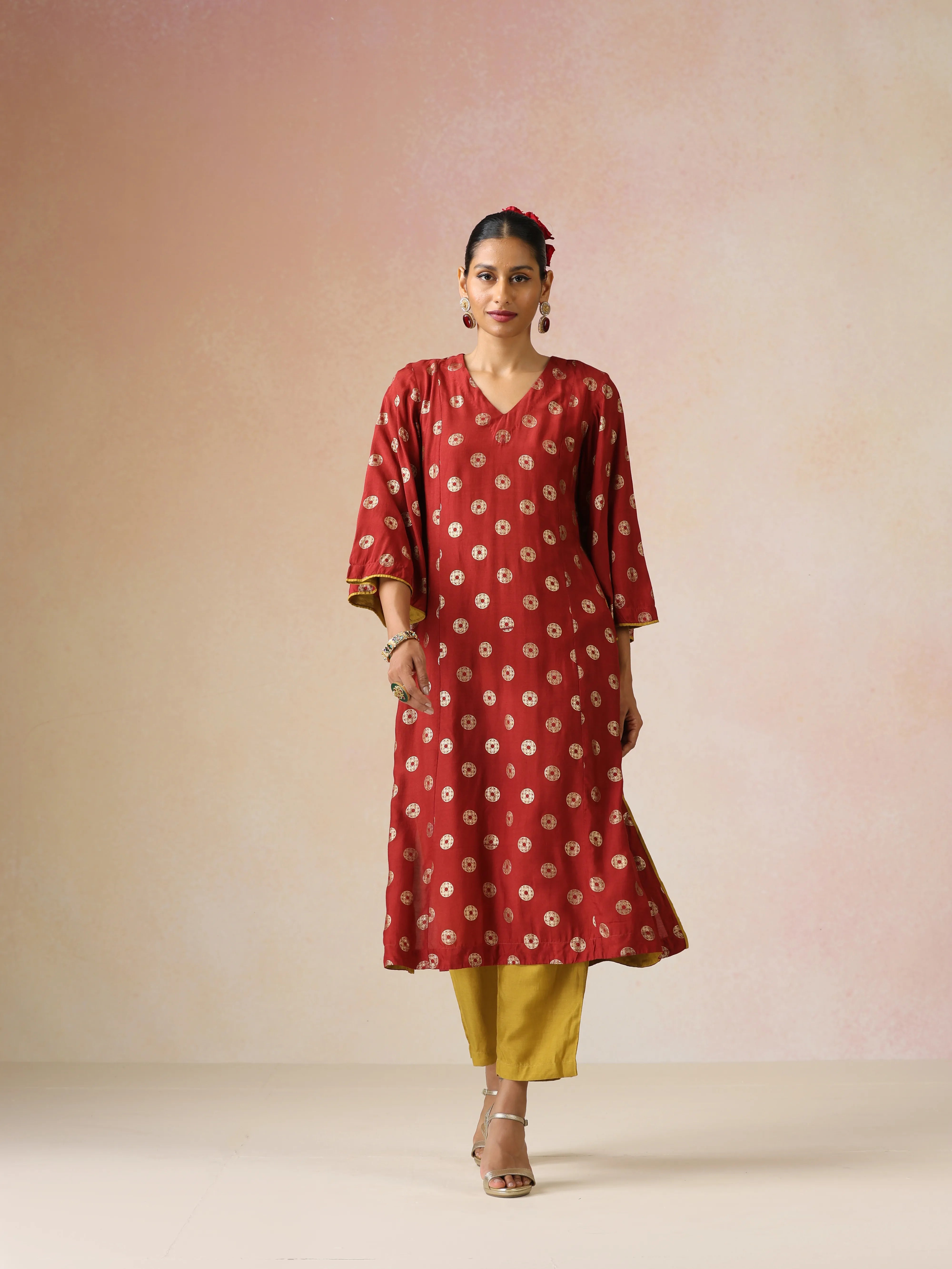 trueBrowns Red Gold Foil Print Muslin Silk A-line Kurta Set