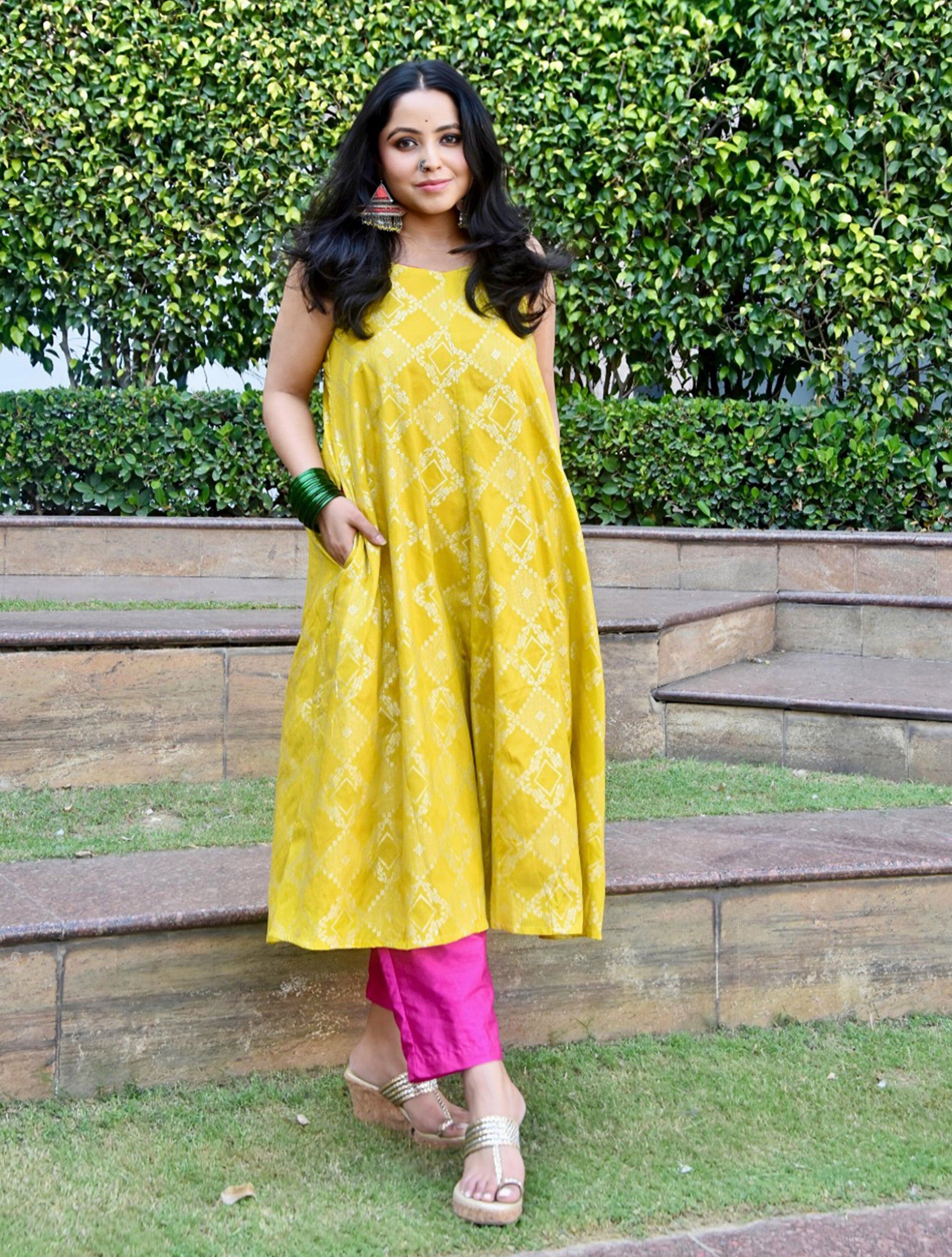 trueBrowns Lime Brocade Flared Kurta Set