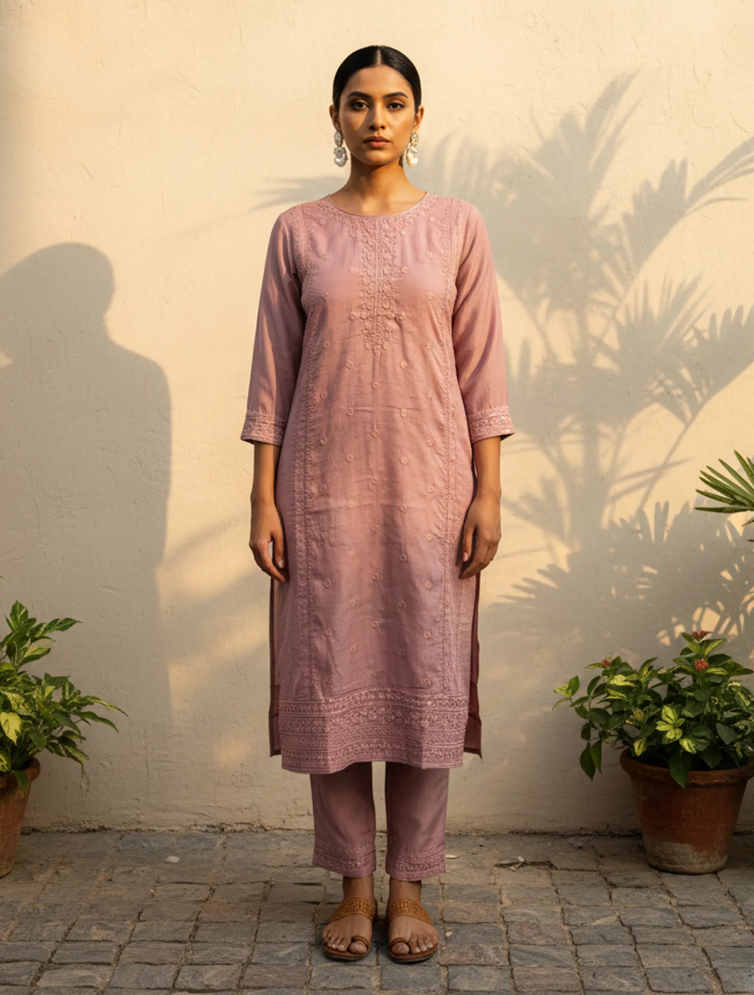 trueBrowns Light Pink Embroidered Straight Kurta Dupatta Set