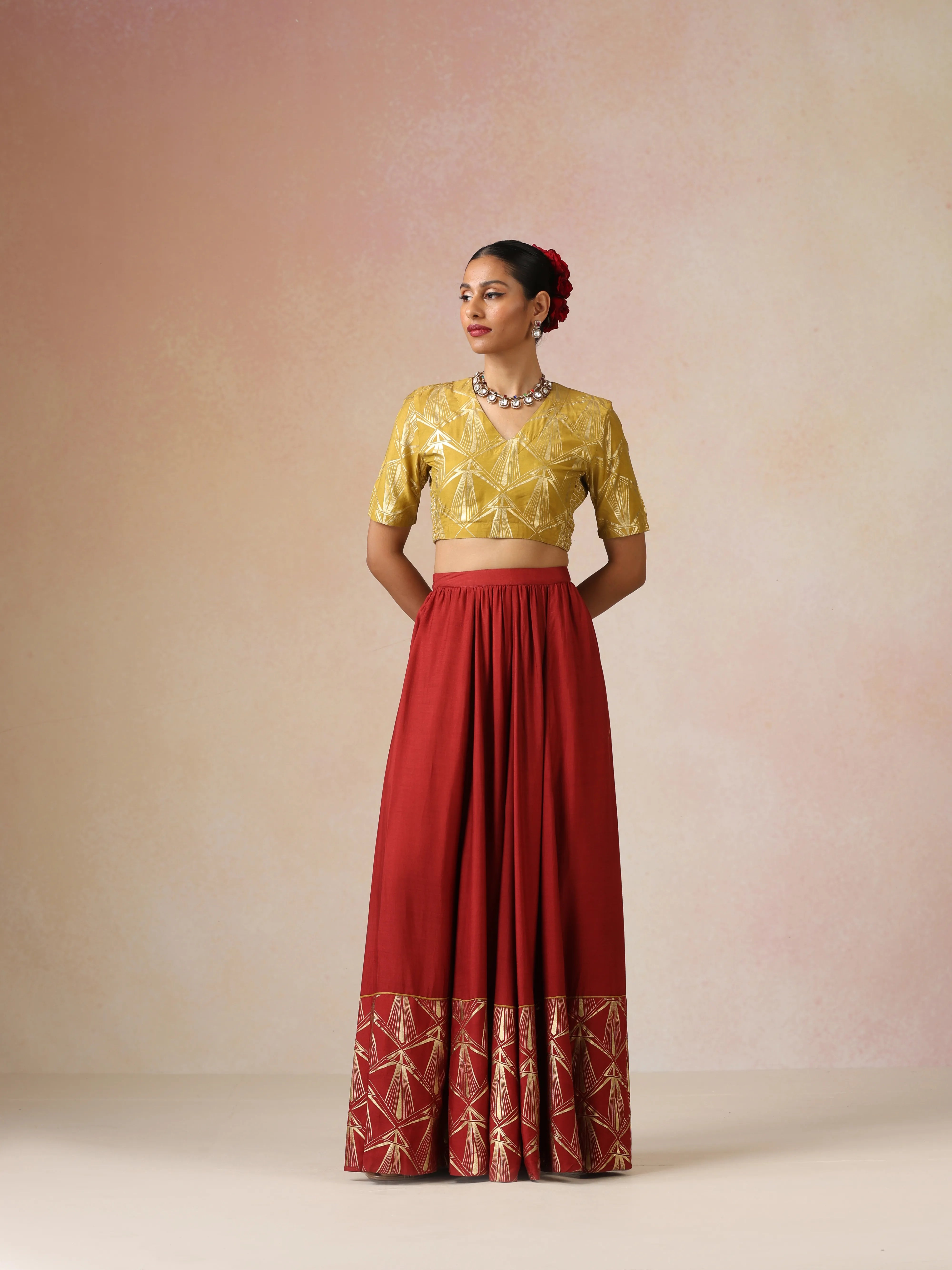 trueBrowns Mustard Gold Foil Print Muslin Silk Blouse Skirt Dupatta Set