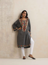 trueBrowns Grey Kashmiri Embroidered Woollen Phiran Kurta