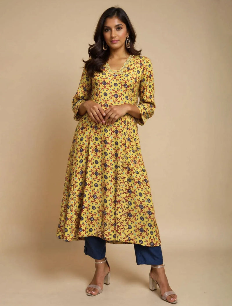 trueBrowns Lime Pink Floral Print A-line Glass Neck Kurta Set