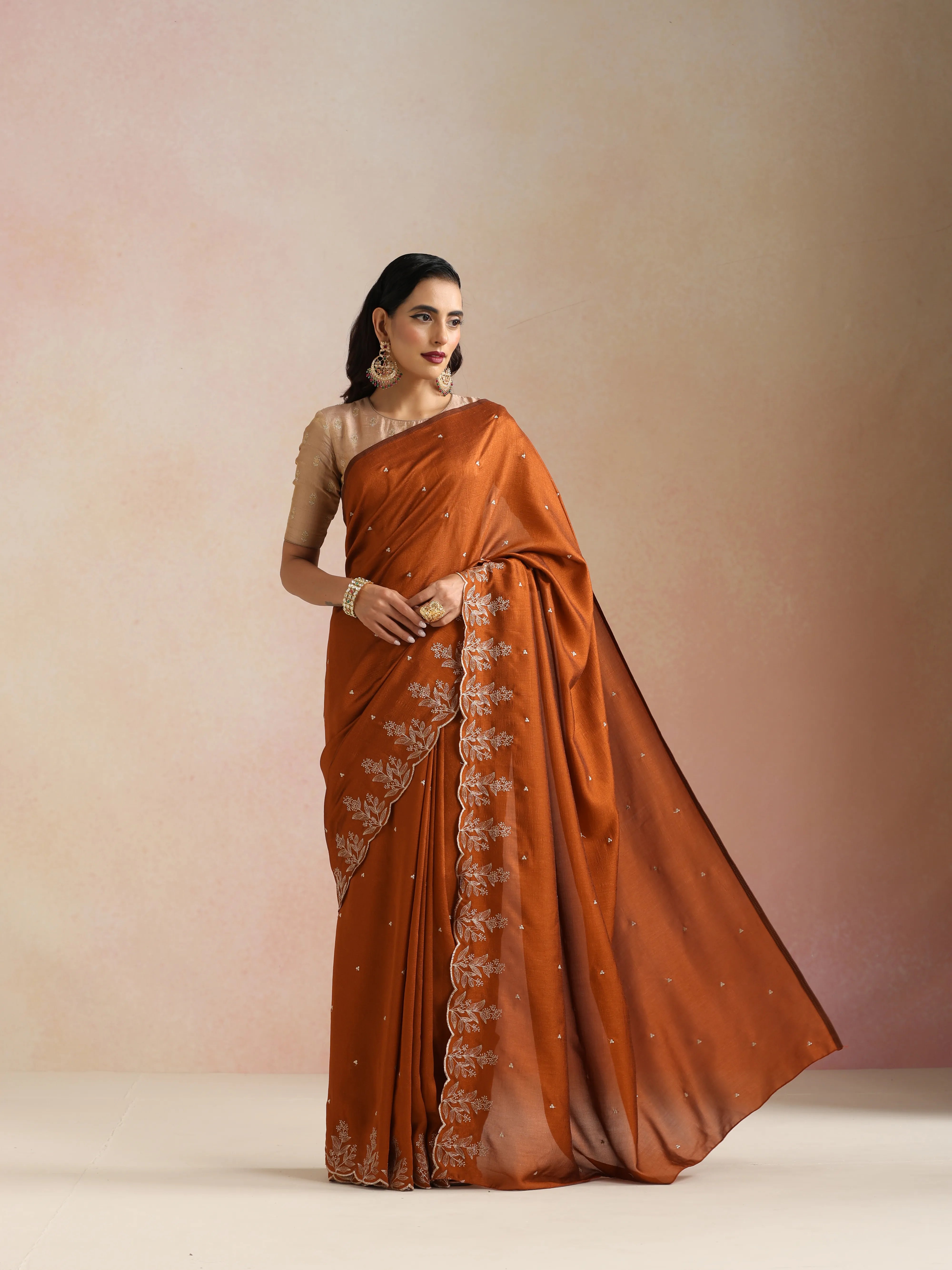 trueBrowns Rust All Over Zari Embroidered Saree With Unstitched Blouse