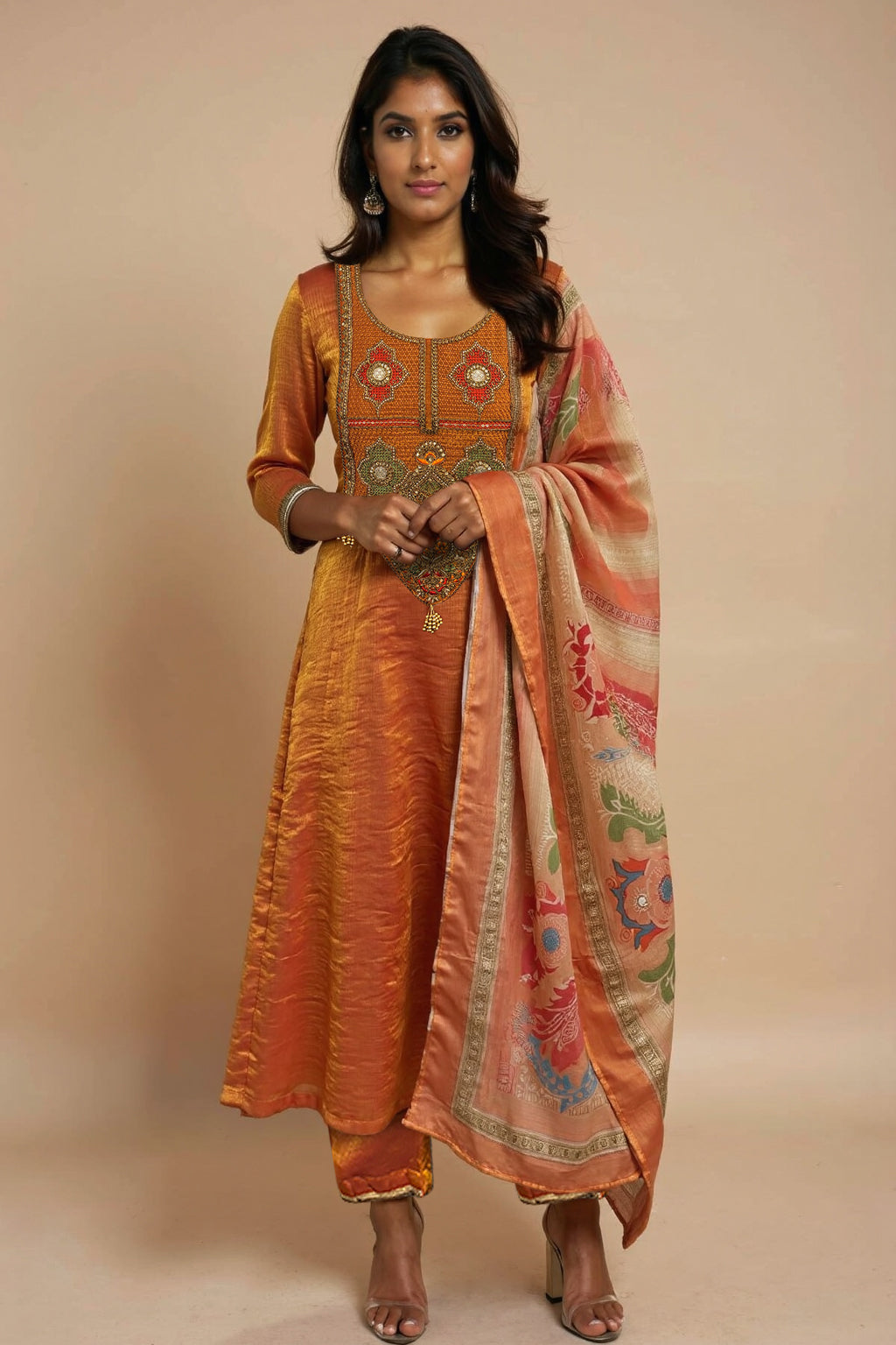 trueBrowns Rust Embroidered Tissue A-line Kurta Pant Dupatta Set
