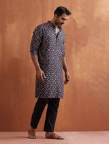 trueBrowns Men's Black Floral Printed Kurta
