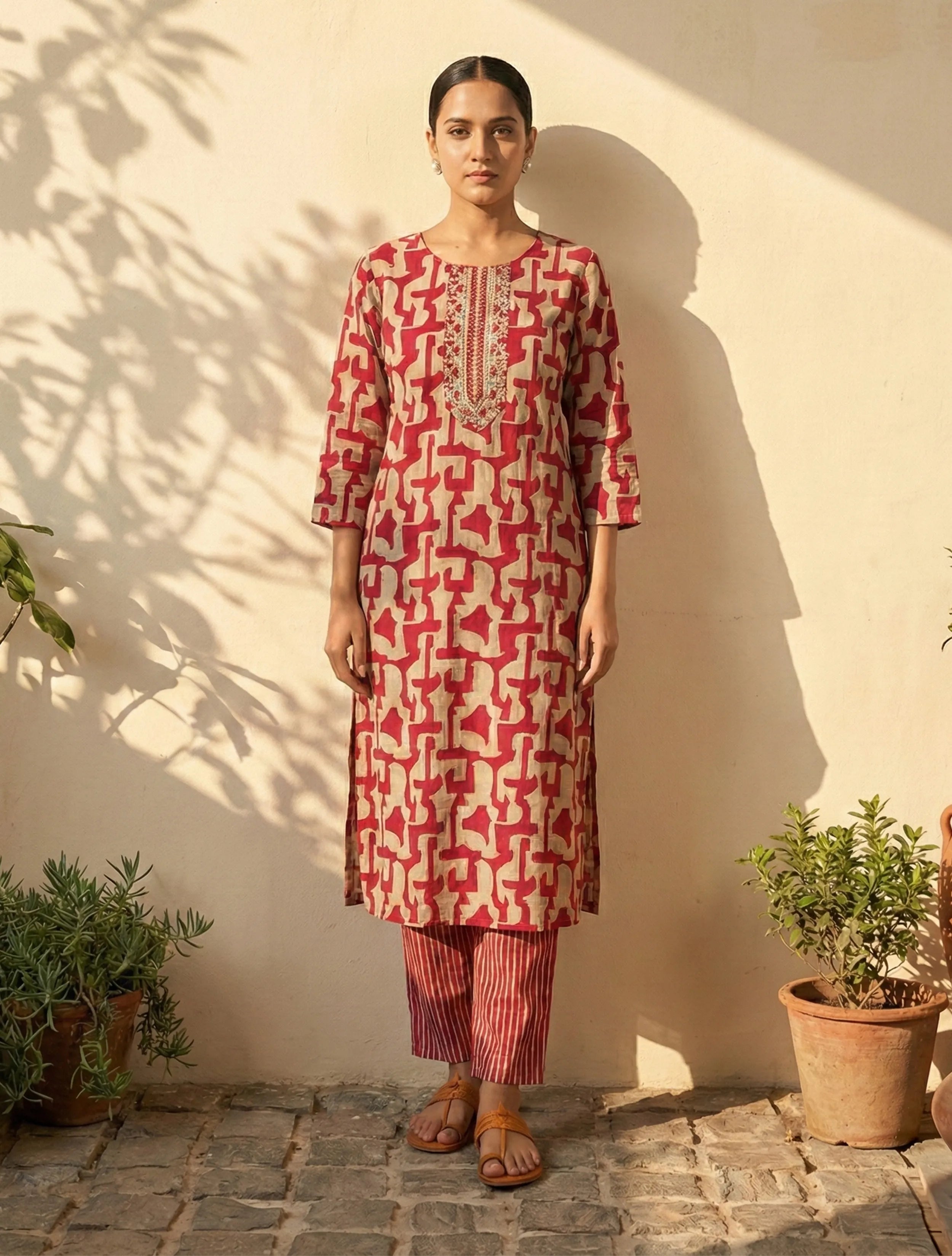 trueBrowns Pink Abstract Print Embroidered Kurta Pant Dupatta Set