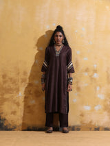 trueBrowns Brown Metallic High-Slit Straight Kurta Set