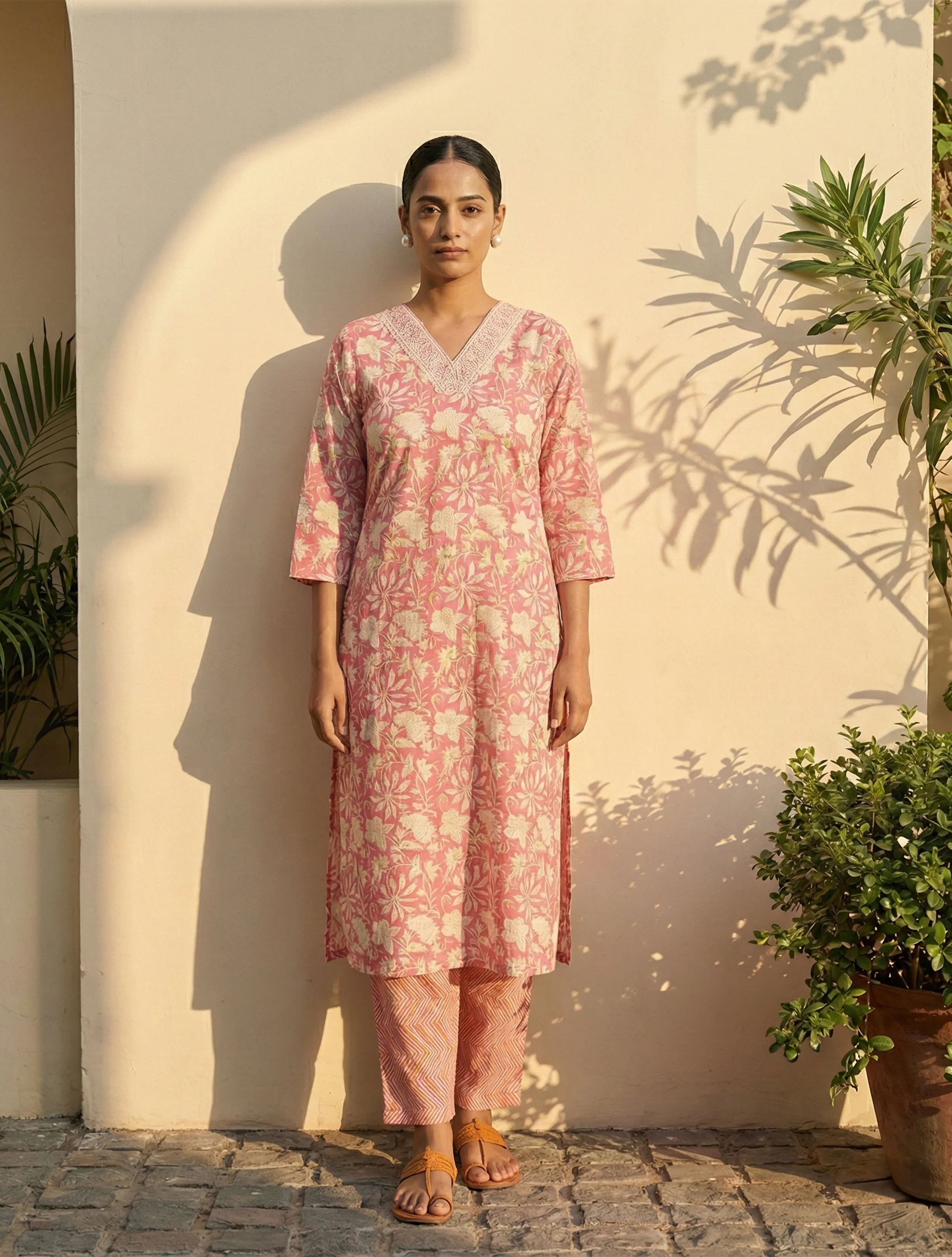 trueBrowns Pink Floral Print Kurta Pant Dupatta Set