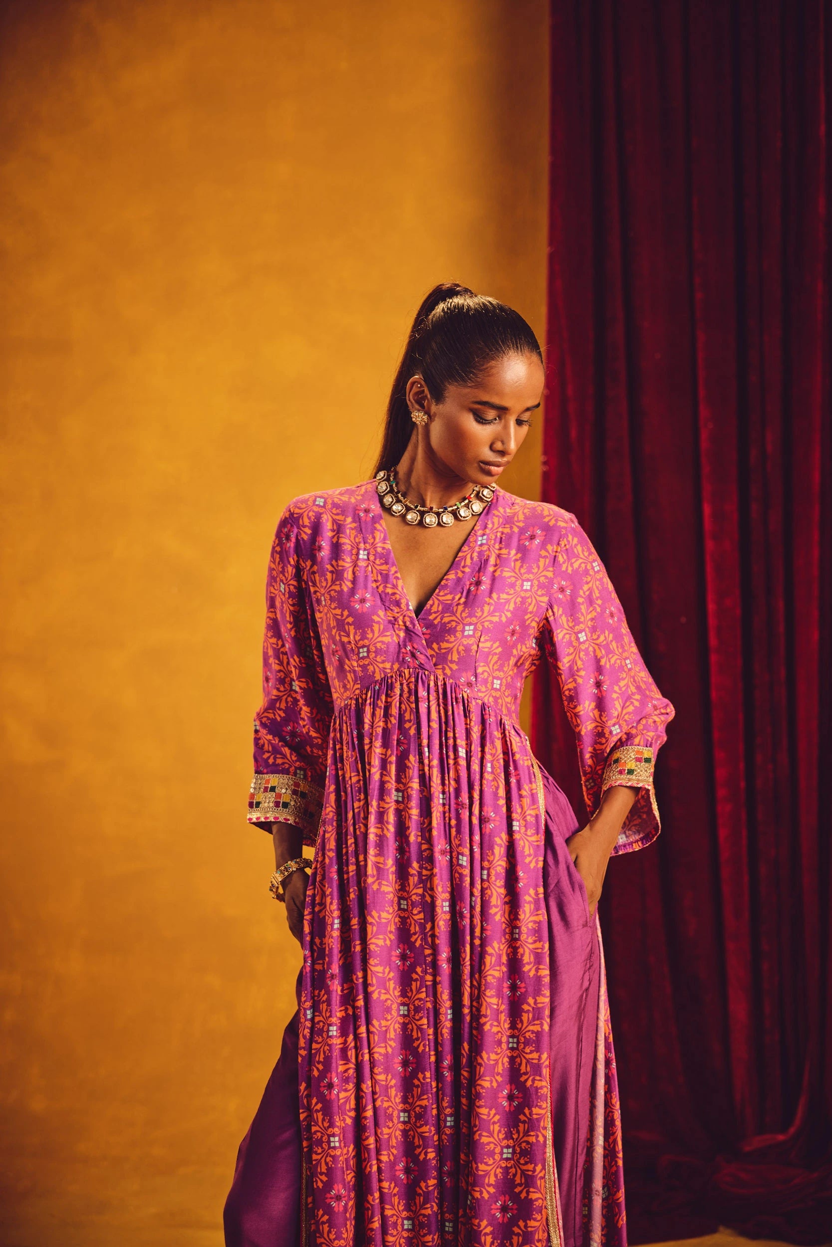 trueBrowns Purple Orange Jaal Print Viscose Anarkali High-Slit Kurta Set