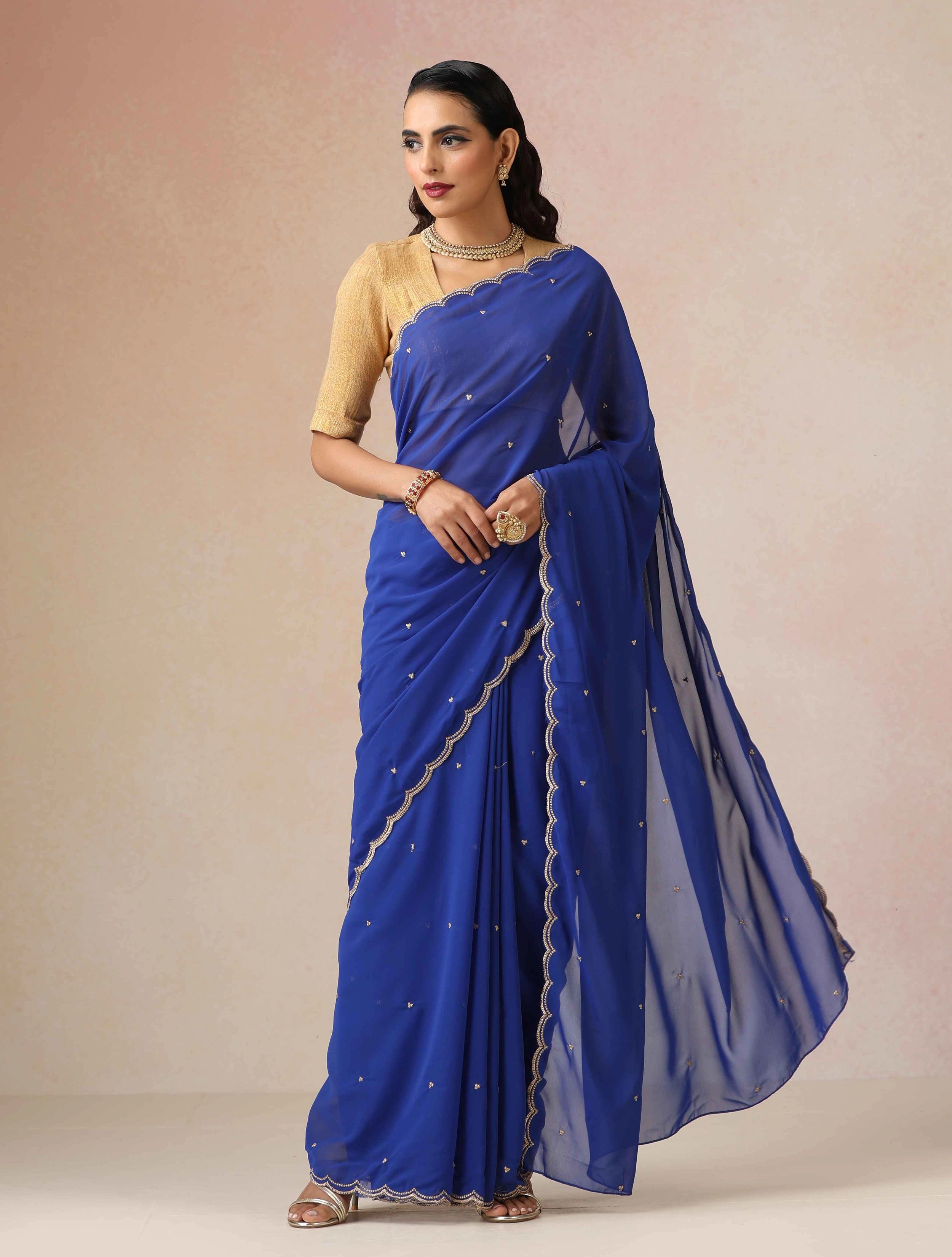 trueBrowns Blue Georgette Embroidered Saree With unstitched Blouse