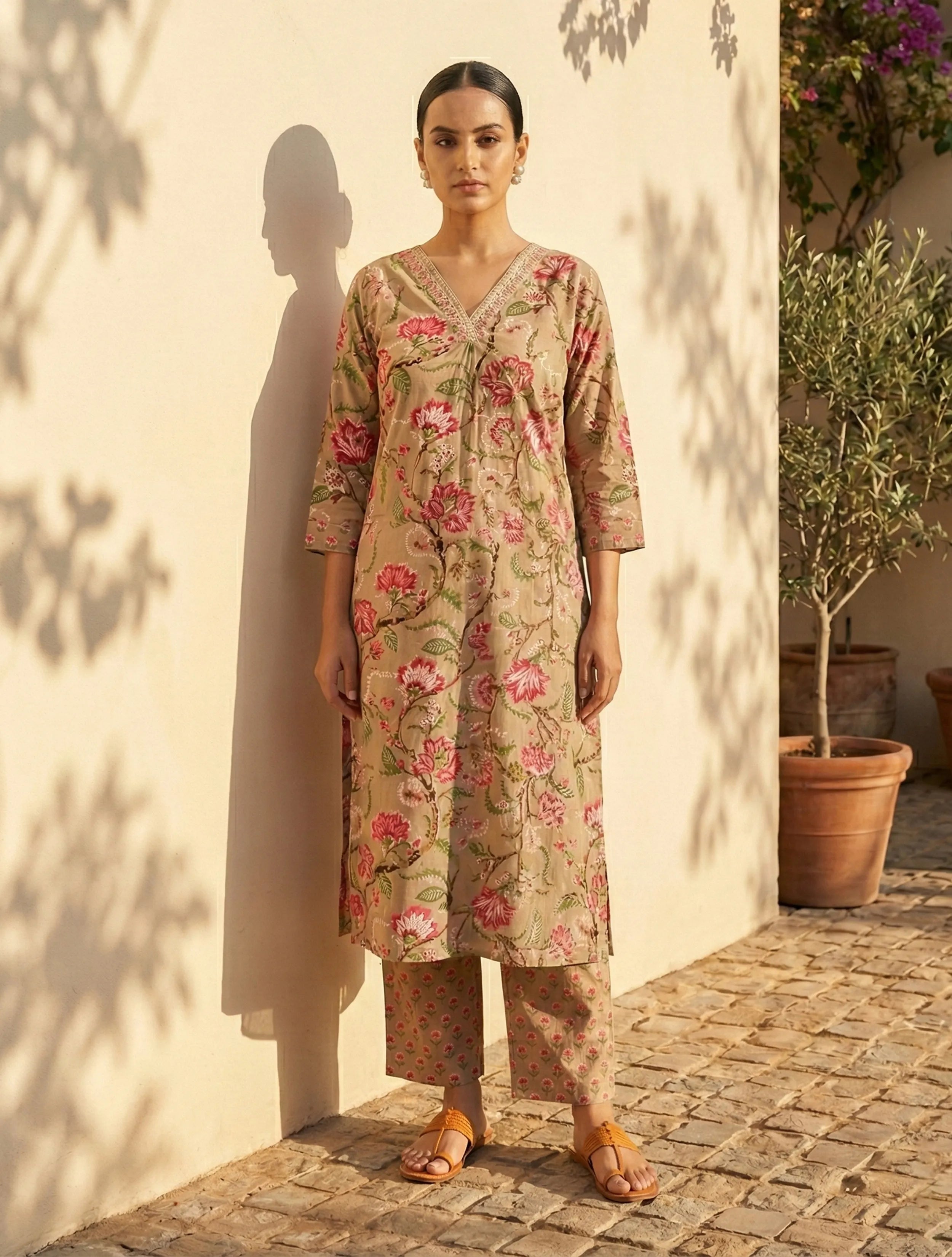 trueBrowns Beige Floral Print Straight Kurta Pant Dupatta Set