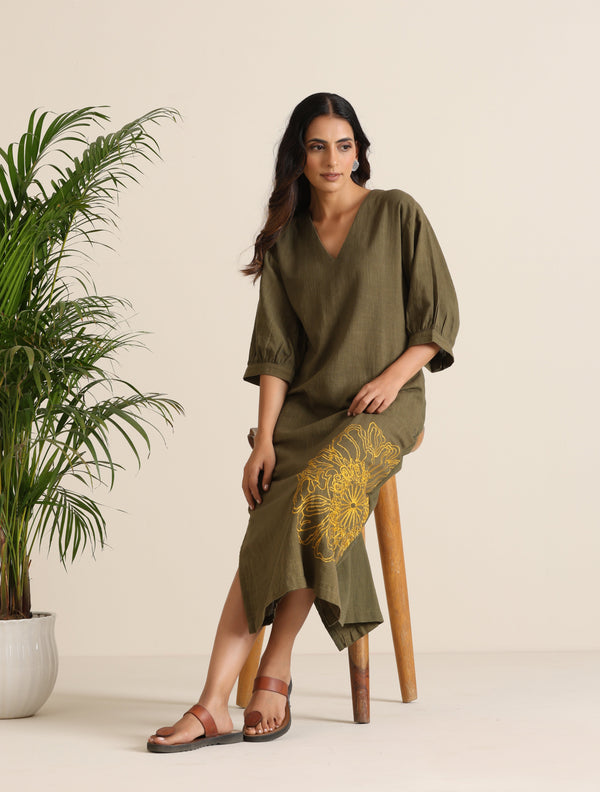 trueBrowns Olive Cotton Embroidered Dress