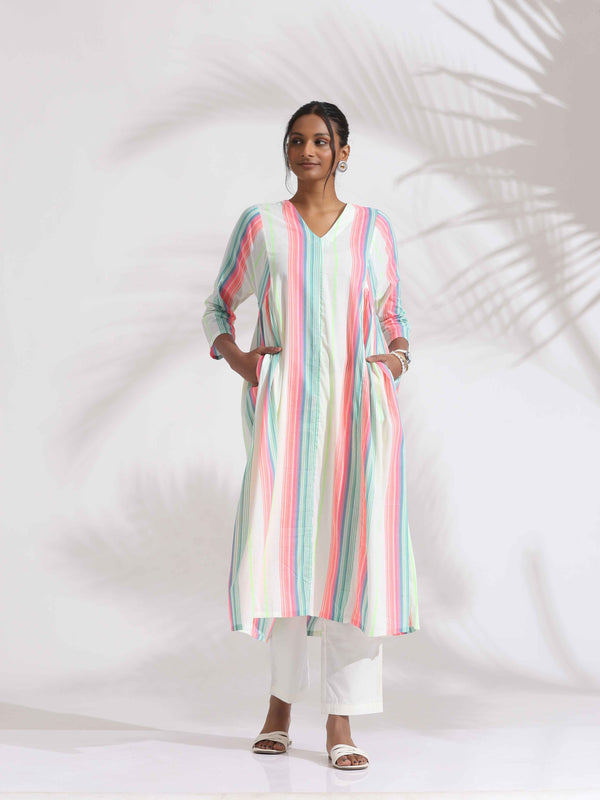 trueBrowns Off-White Cotton Multi Stripe Flared Kurta Set