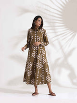 trueBrowns Olive Green Cotton Print Shirt Dress