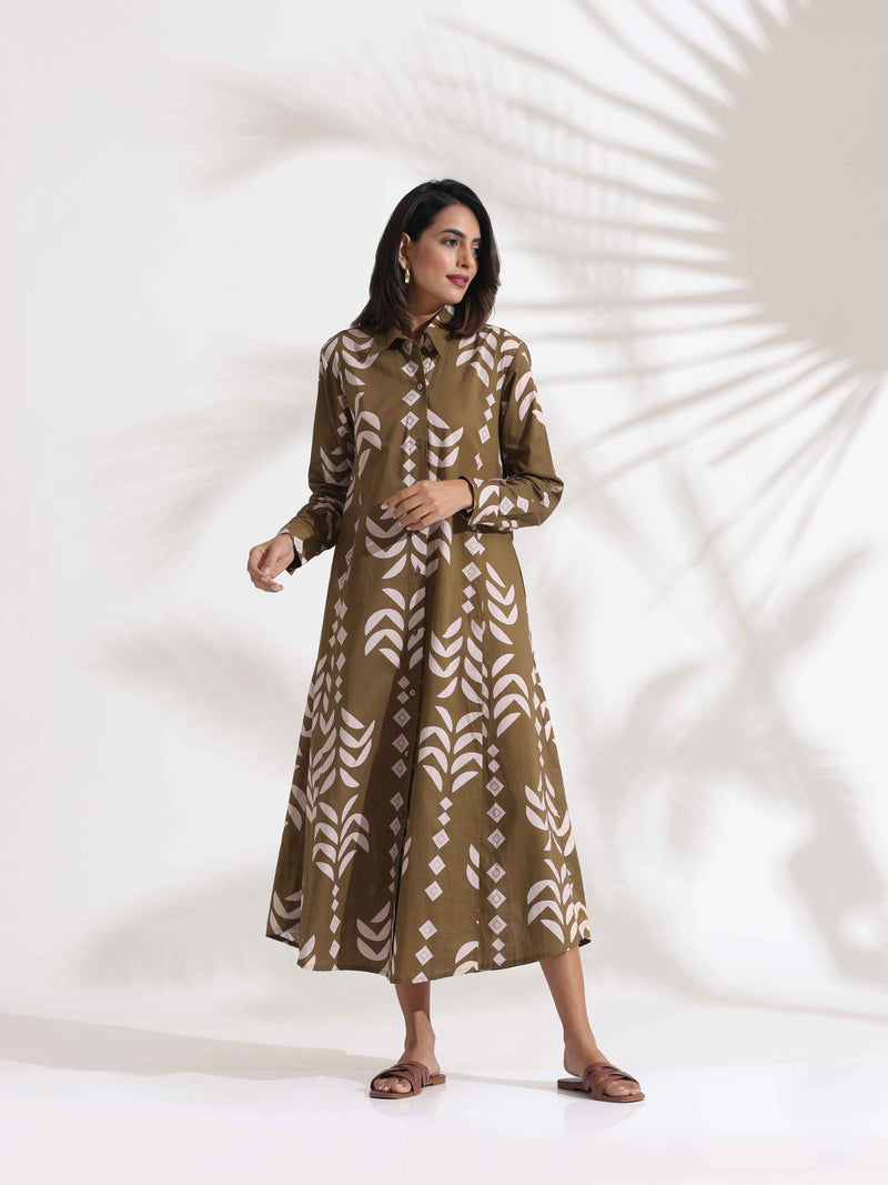 trueBrowns Olive Green Cotton Print Shirt Dress