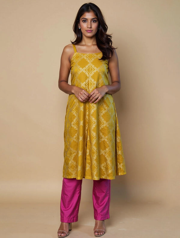trueBrowns Lime Brocade Flared Kurta Set
