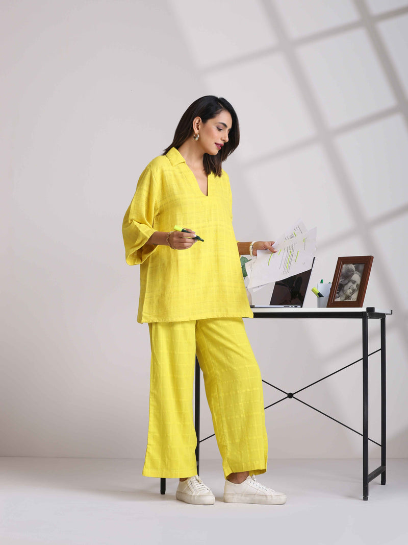 trueBrowns Lime Cotton Dobby V-Neck Co-ord Set