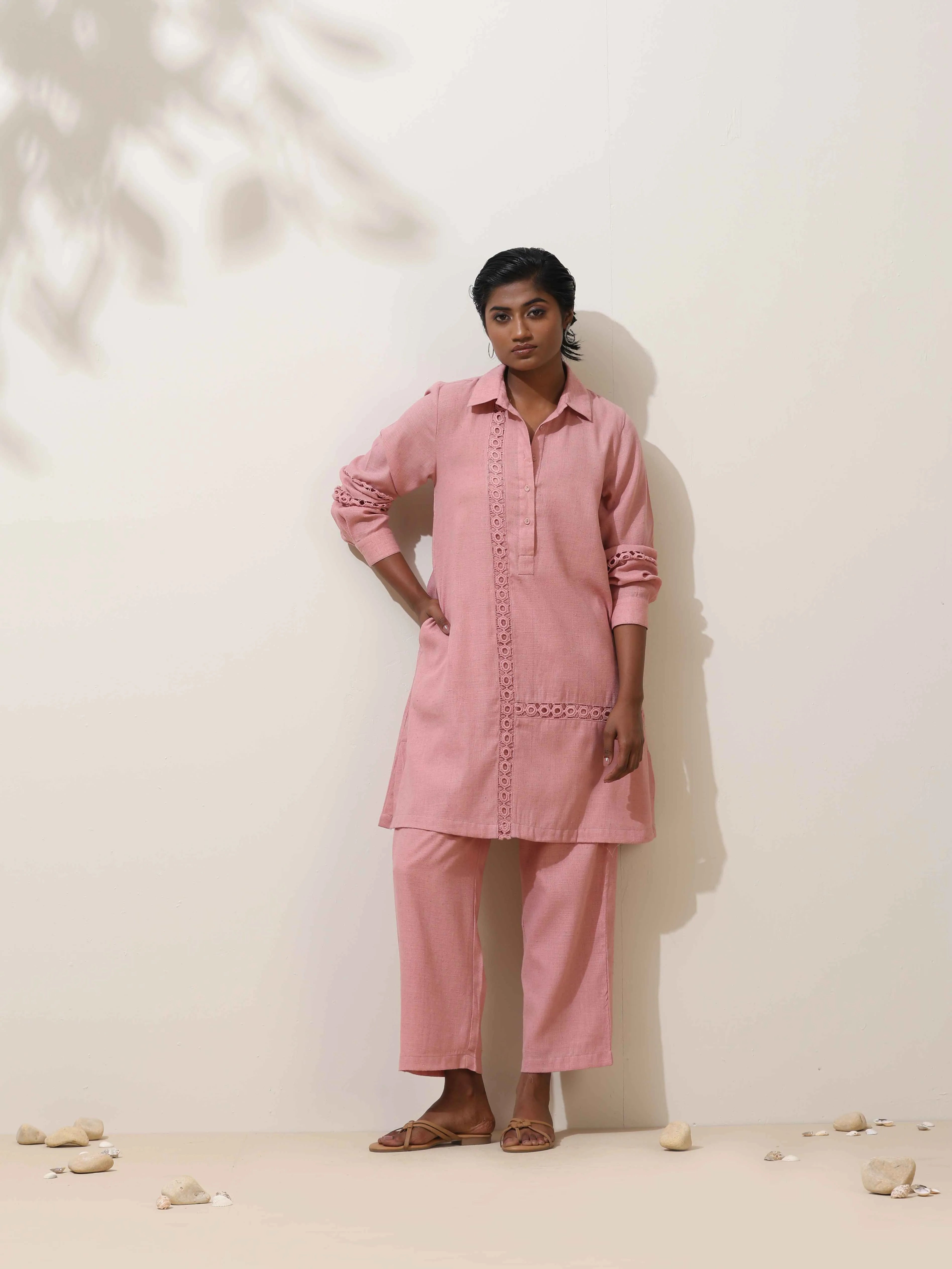 trueBrowns Sakura Pink Natural Cotton Kurta Co-ord Set
