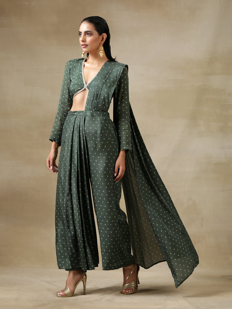 Dark Green Bandhani Printed Silk Palazzo Stitched Saree