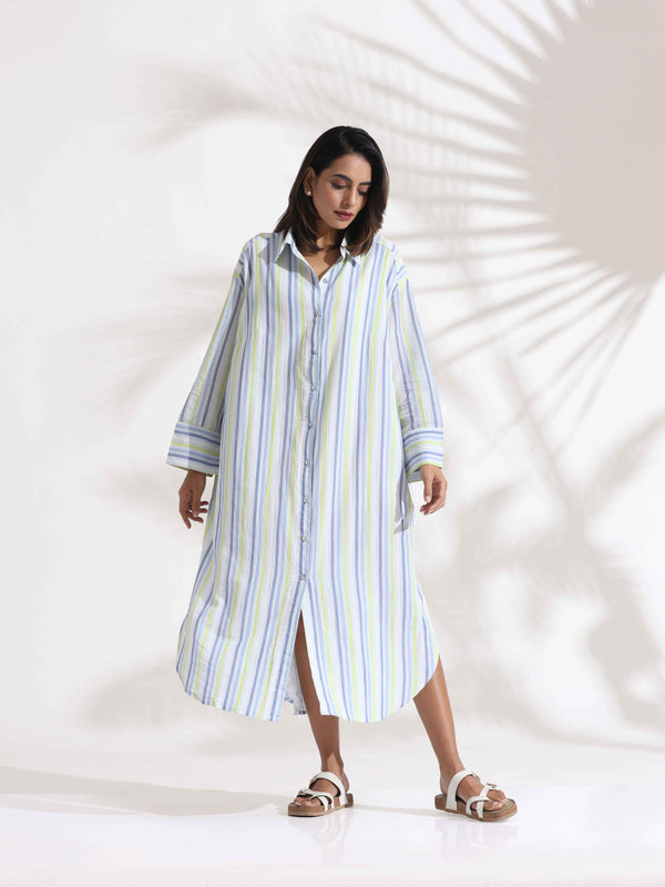 trueBrowns White Cotton Multi Stripe Shirt Dress