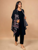 trueBrowns Black Woollen Geometric Kaftan Cape