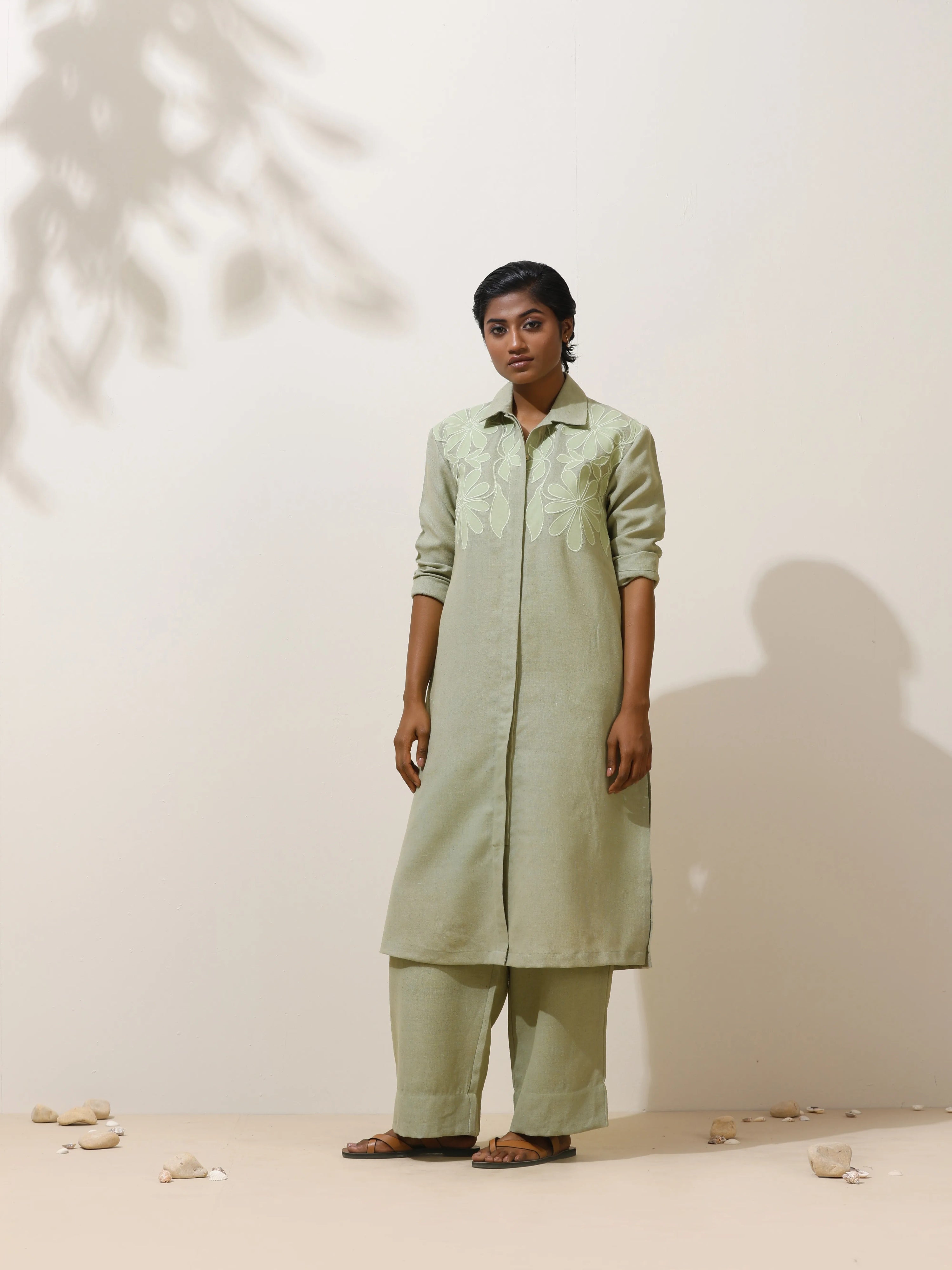 trueBrowns Clover Green Embroidered Natural Cotton Kurta Pant Set