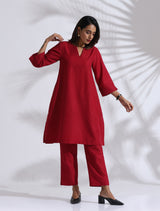 trueBrowns Maroon Slub Kurta Co-ord Set