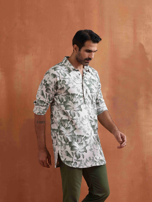 trueBrowns Men's Off White Printed Short Kurta