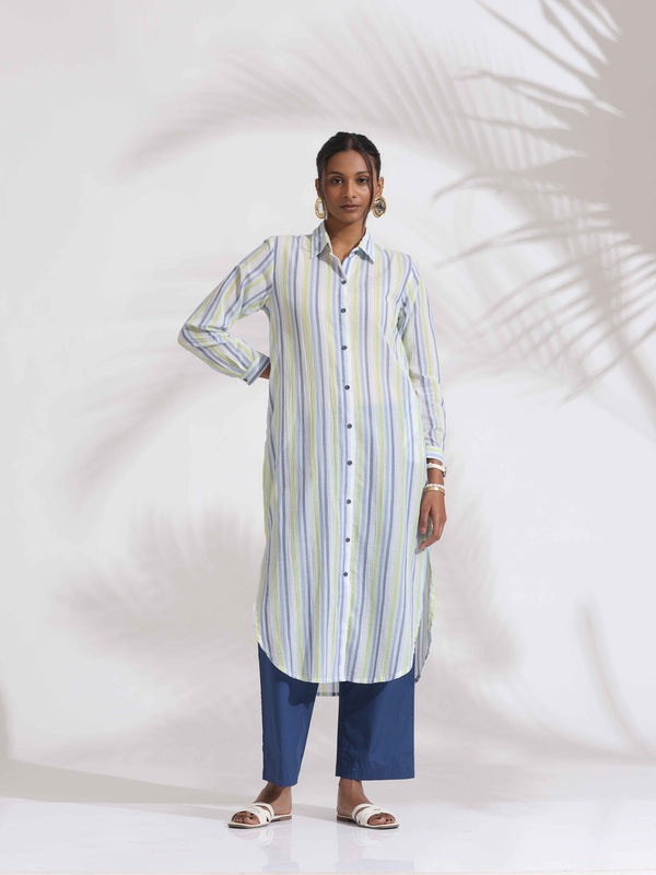 trueBrowns White Cotton Multi Stripe Shirt Kurta Set