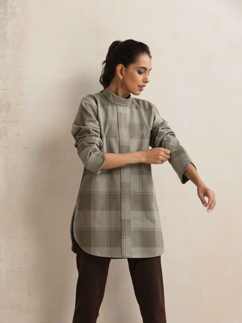 trueBrowns Green Check High Neck Winter Top