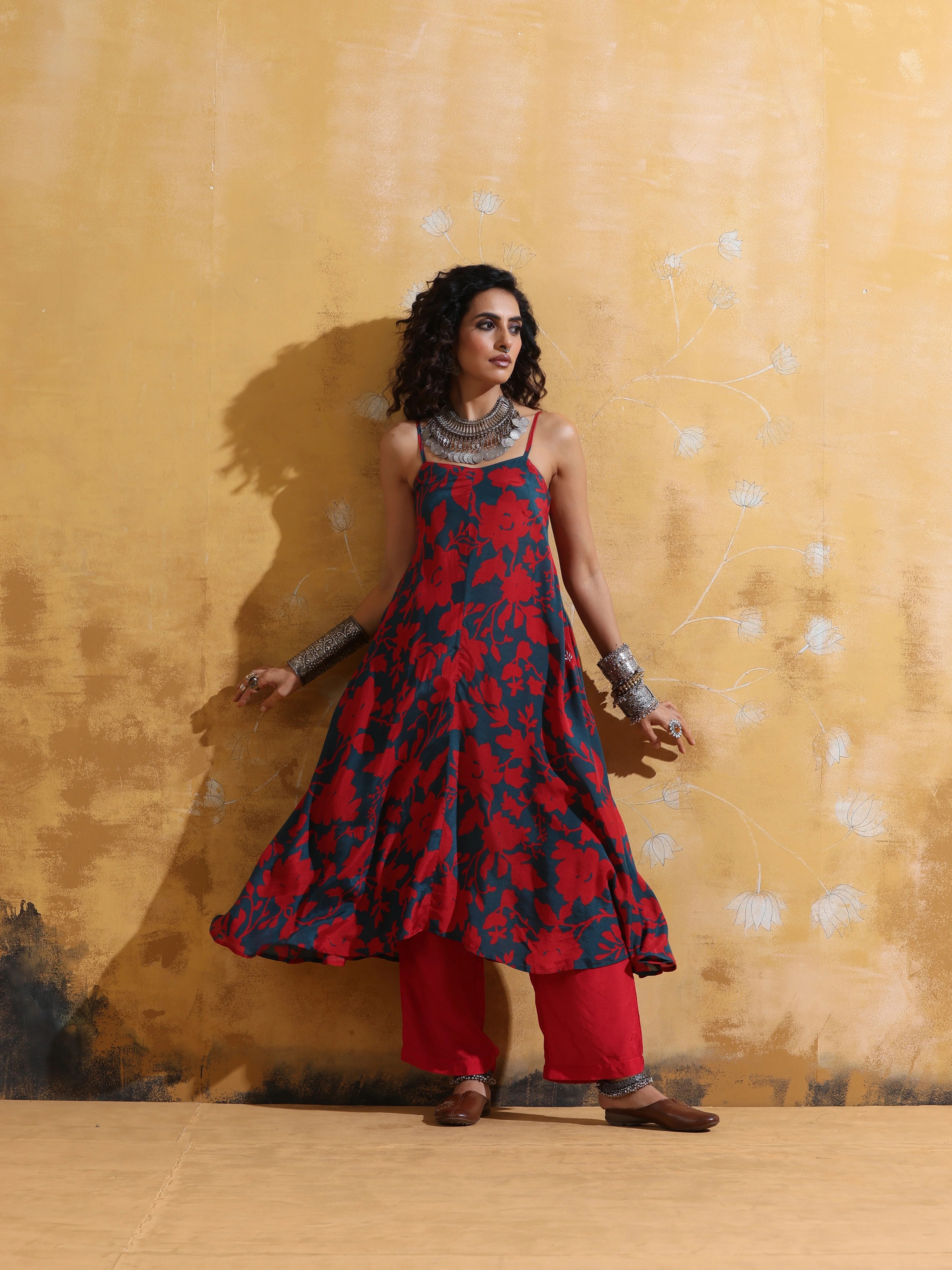 trueBrowns Red Teal Jaal Print Muslin Silk Flared Kurta Set