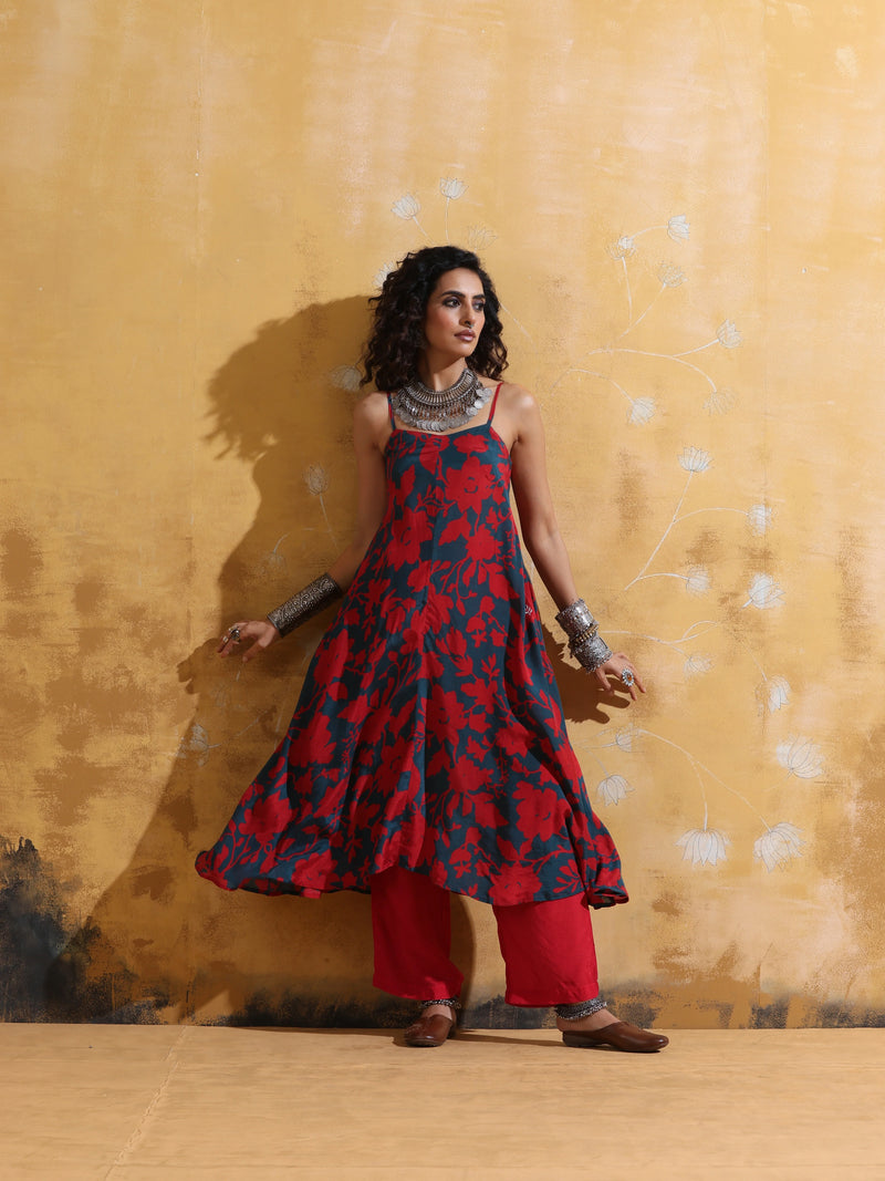 trueBrowns Red Teal Jaal Print Muslin Silk Flared Kurta Set