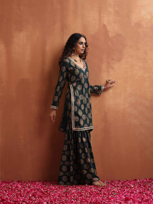 trueBrowns Green Foil Print Sharara Set