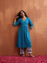 trueBrowns Blue Cotton Flared Anarkali Kurta Set