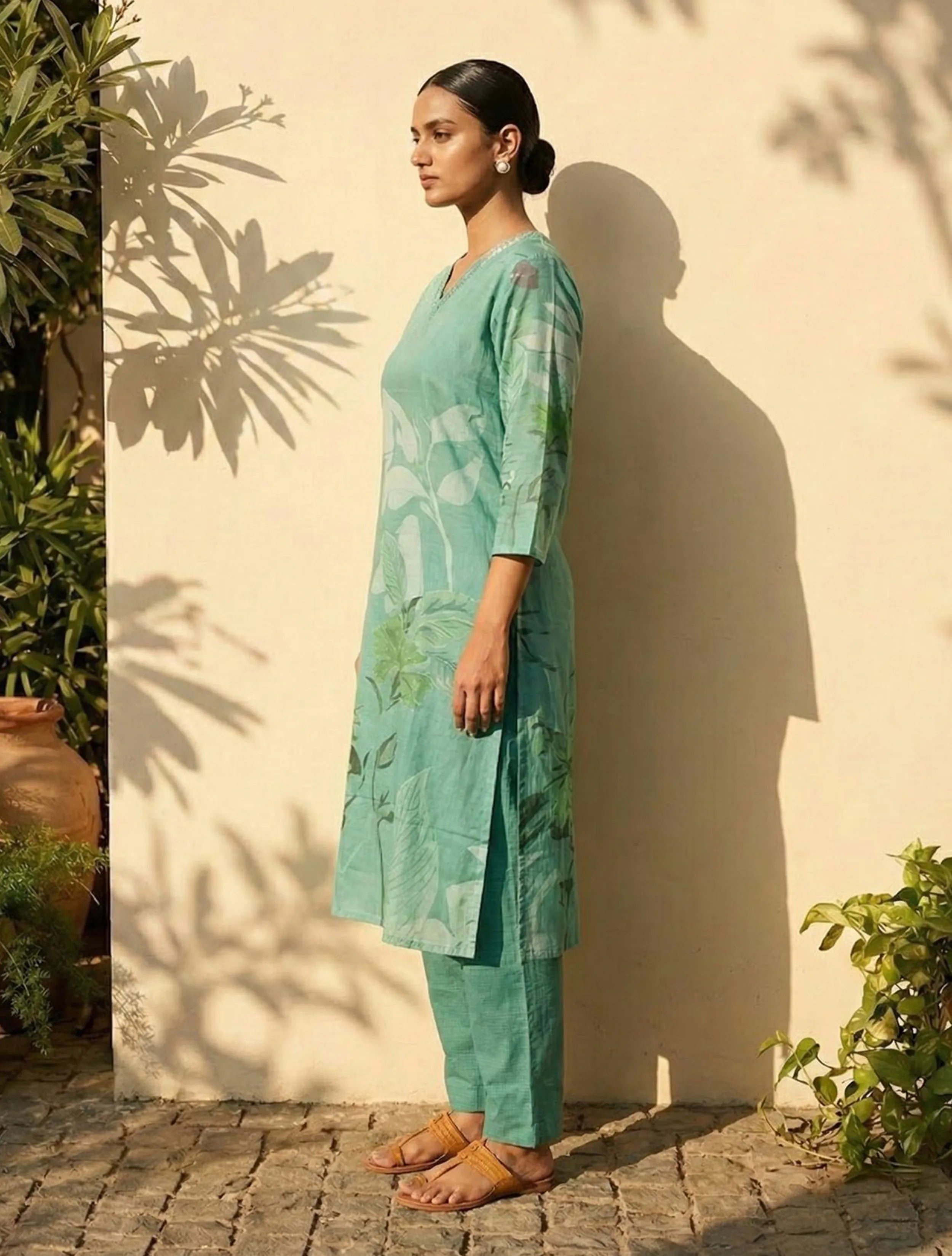trueBrowns Teal Floral Print Straight Kurta Pant Dupatta Set