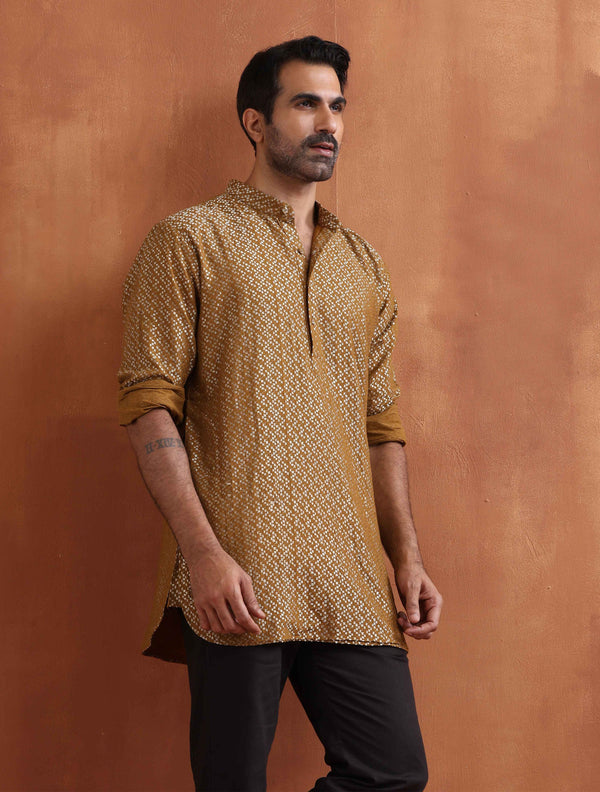 trueBrowns Men's Mustard Cotton Dobby Short Kurta