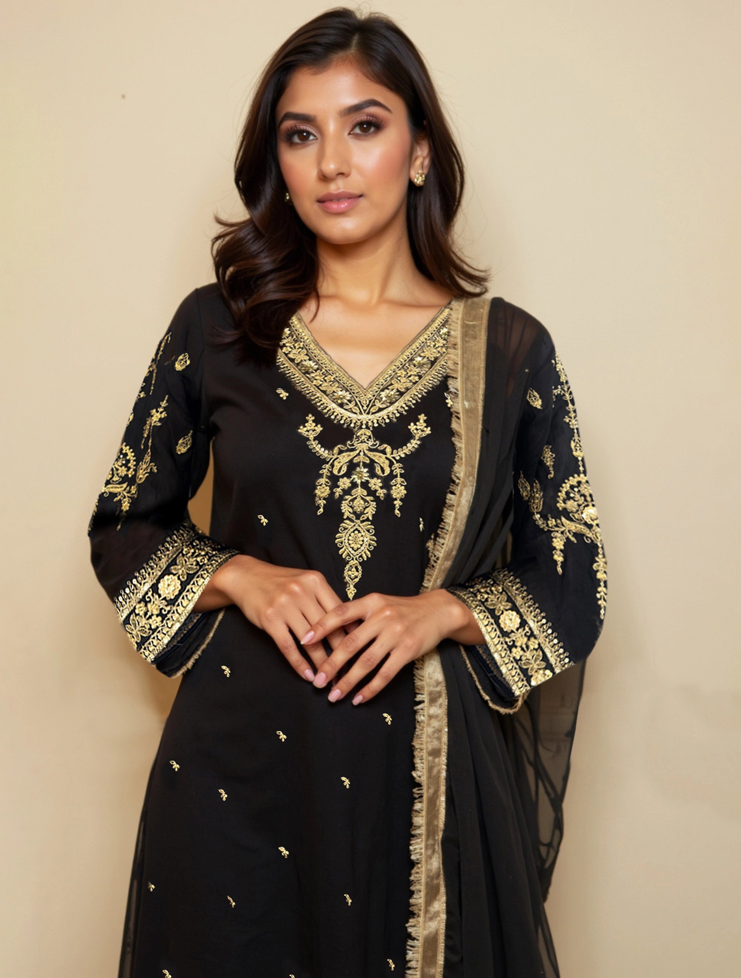 trueBrowns Black Embroidered Straight Kurta Pant Dupatta Set