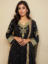 trueBrowns Black Embroidered Straight Kurta Pant Dupatta Set