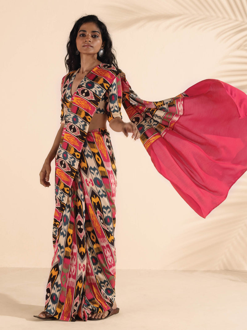 trueBrowns Cola Pink Muslin Ikat Saree