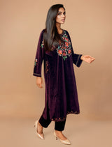 trueBrowns Maroon Velvet Embroidered Kurta Set