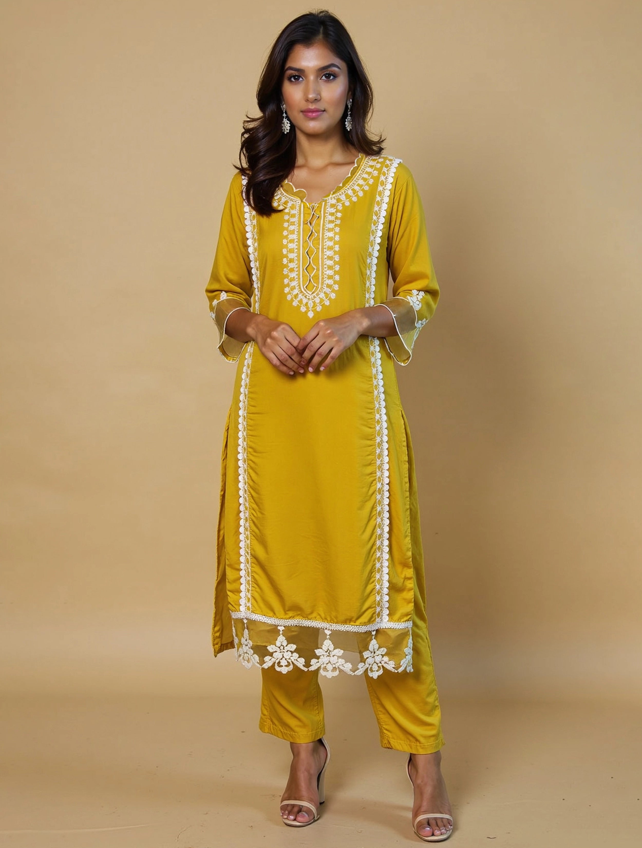 trueBrowns Yellow Embroidered Round Neck Straight Kurta 3pc Set