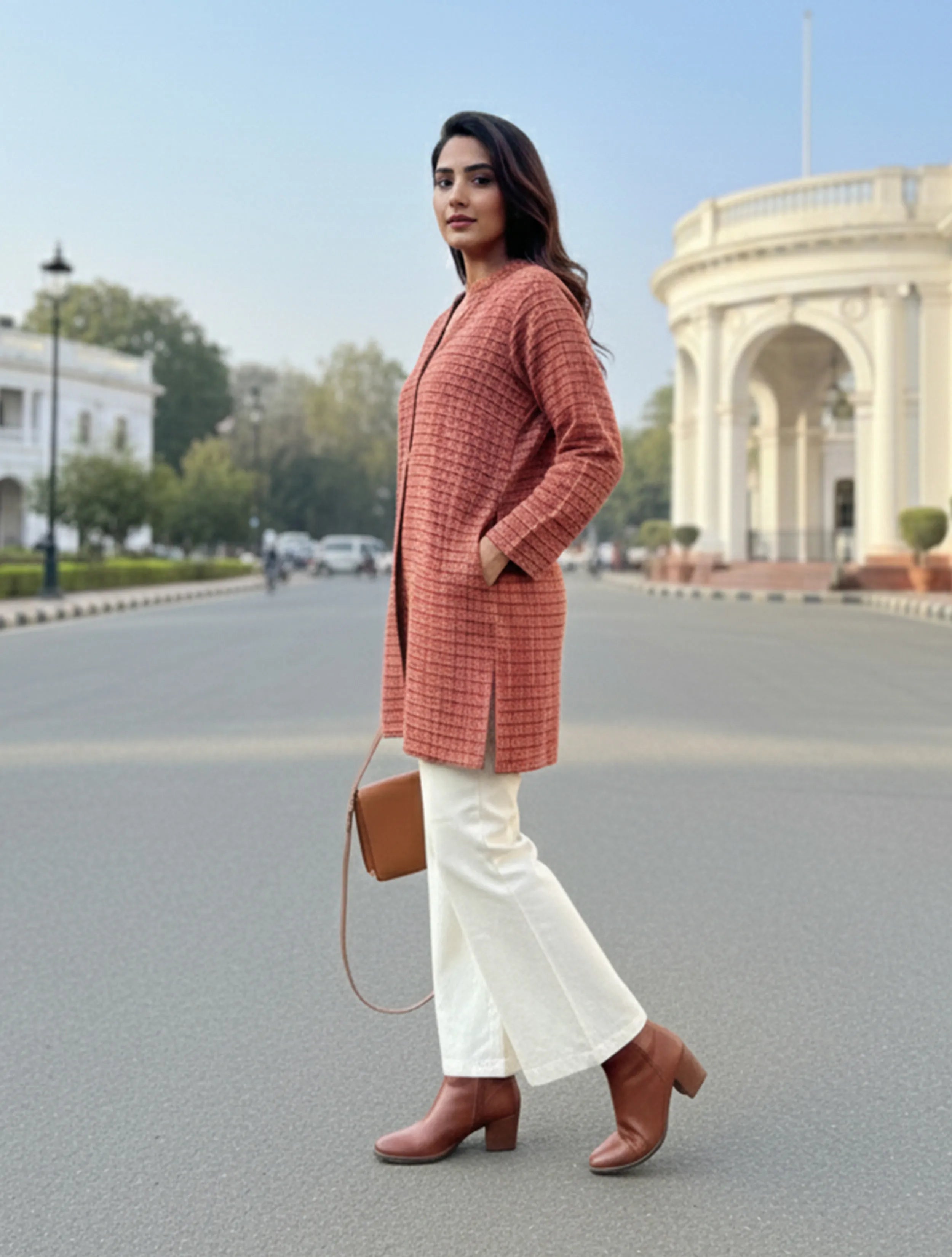 trueBrowns Rust Check Round V-Neck Woollen Top