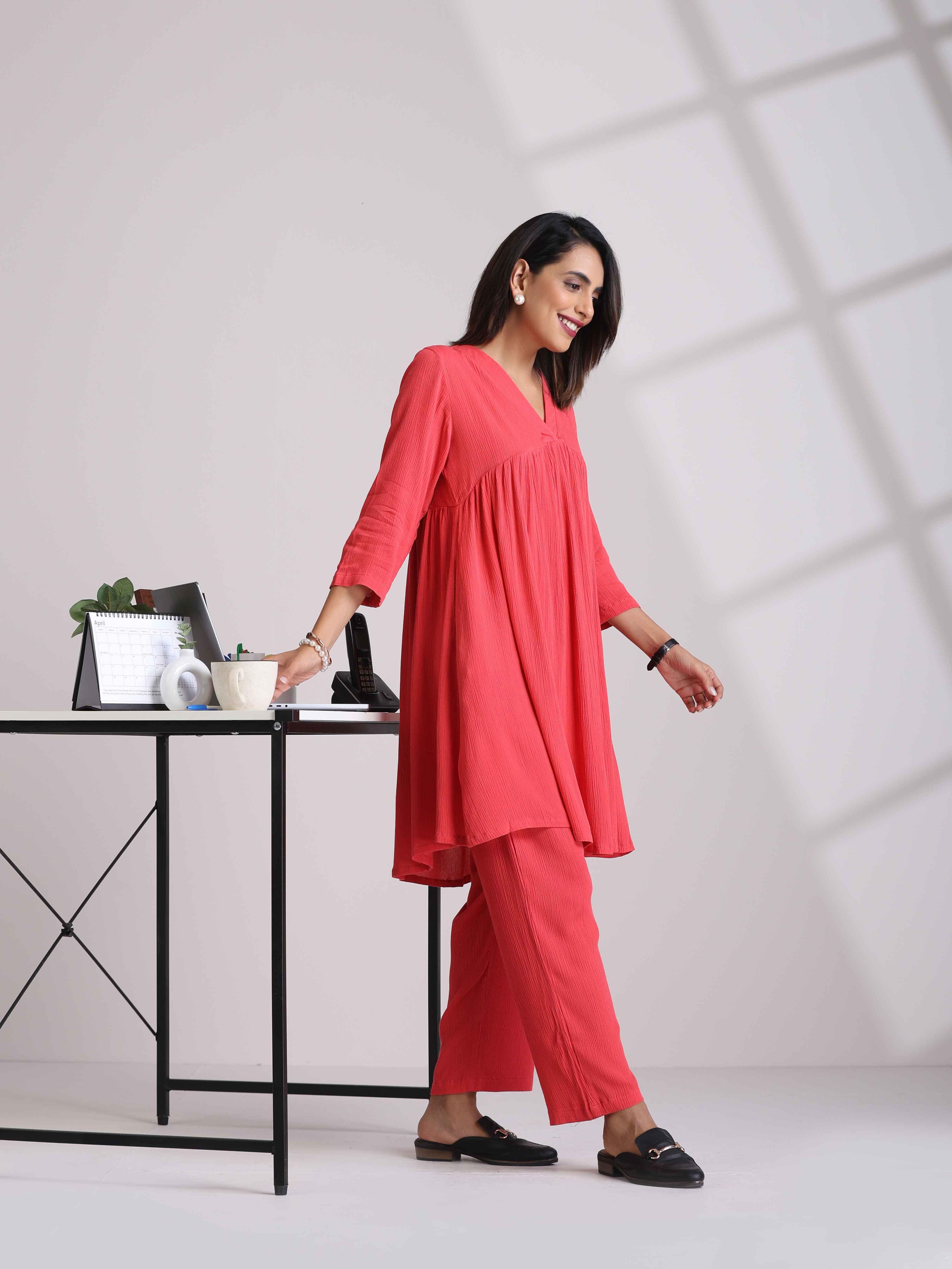 trueBrowns Peach Crinkle Flared Kurta Co-ord Set