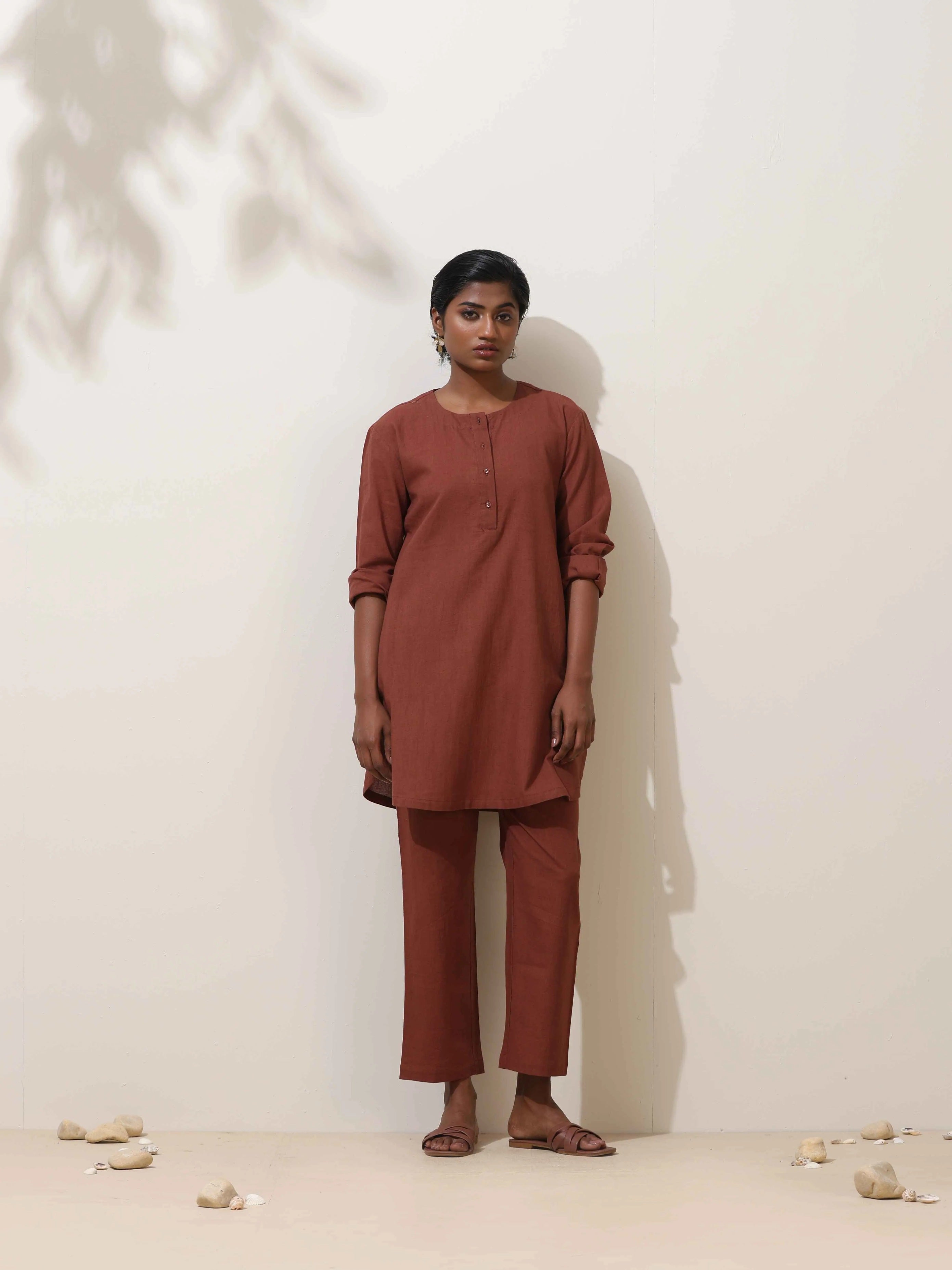 trueBrowns Brown Cotton Linen Kurta Co-Ord Set