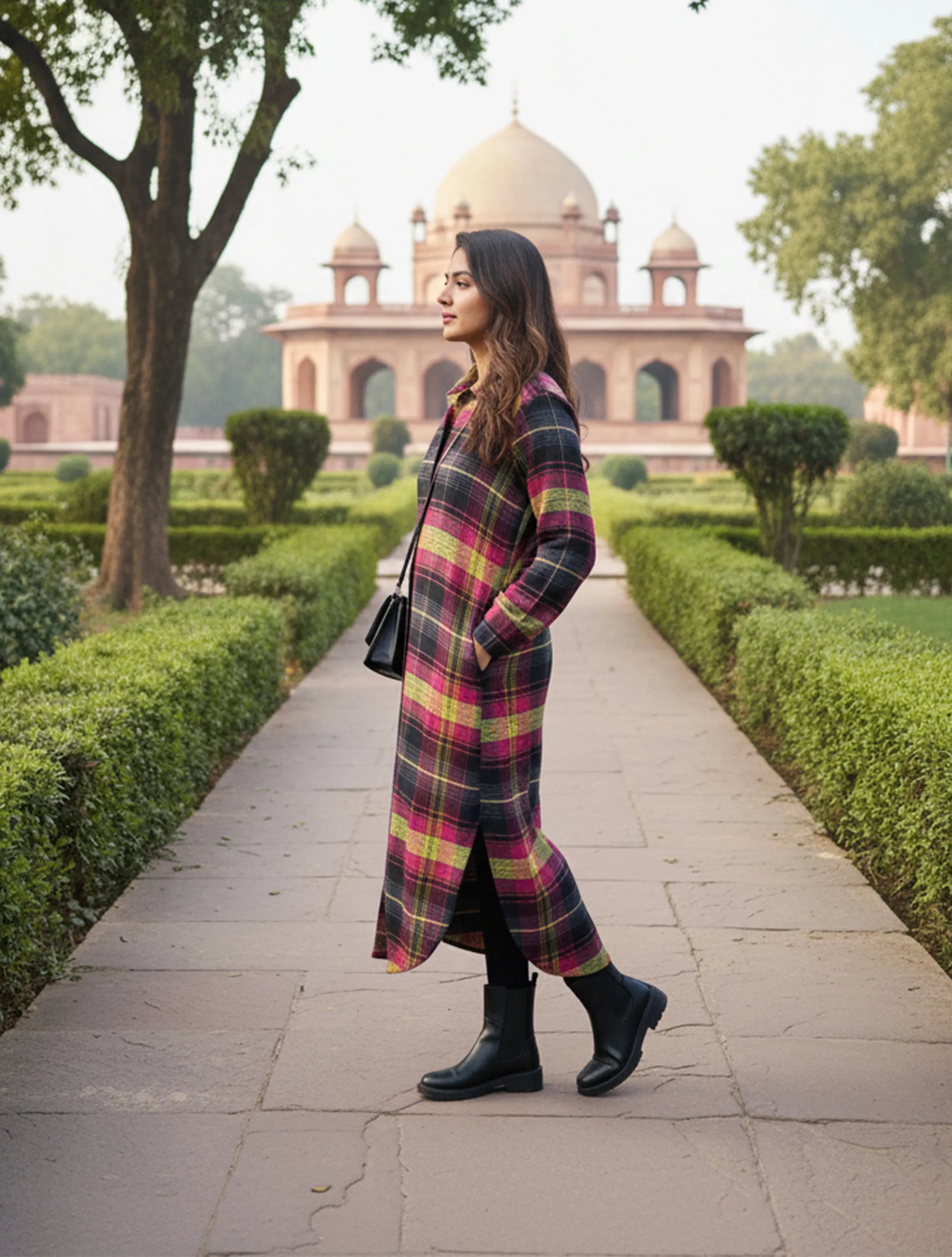 trueBrowns Pink Check Long Shirt Dress