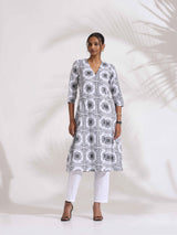 trueBrowns White Cotton Geometric Print Angrakha Kurta Set