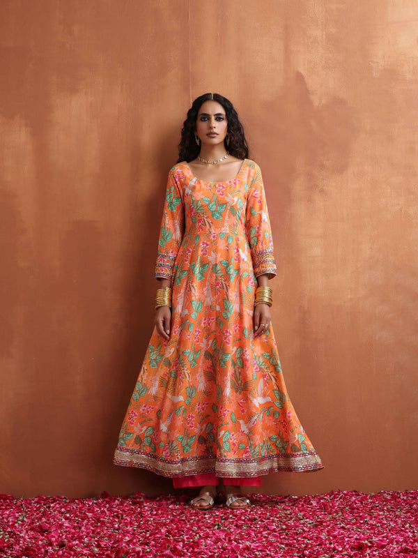 trueBrowns Orange Print Flared Anarkali Kurta Set