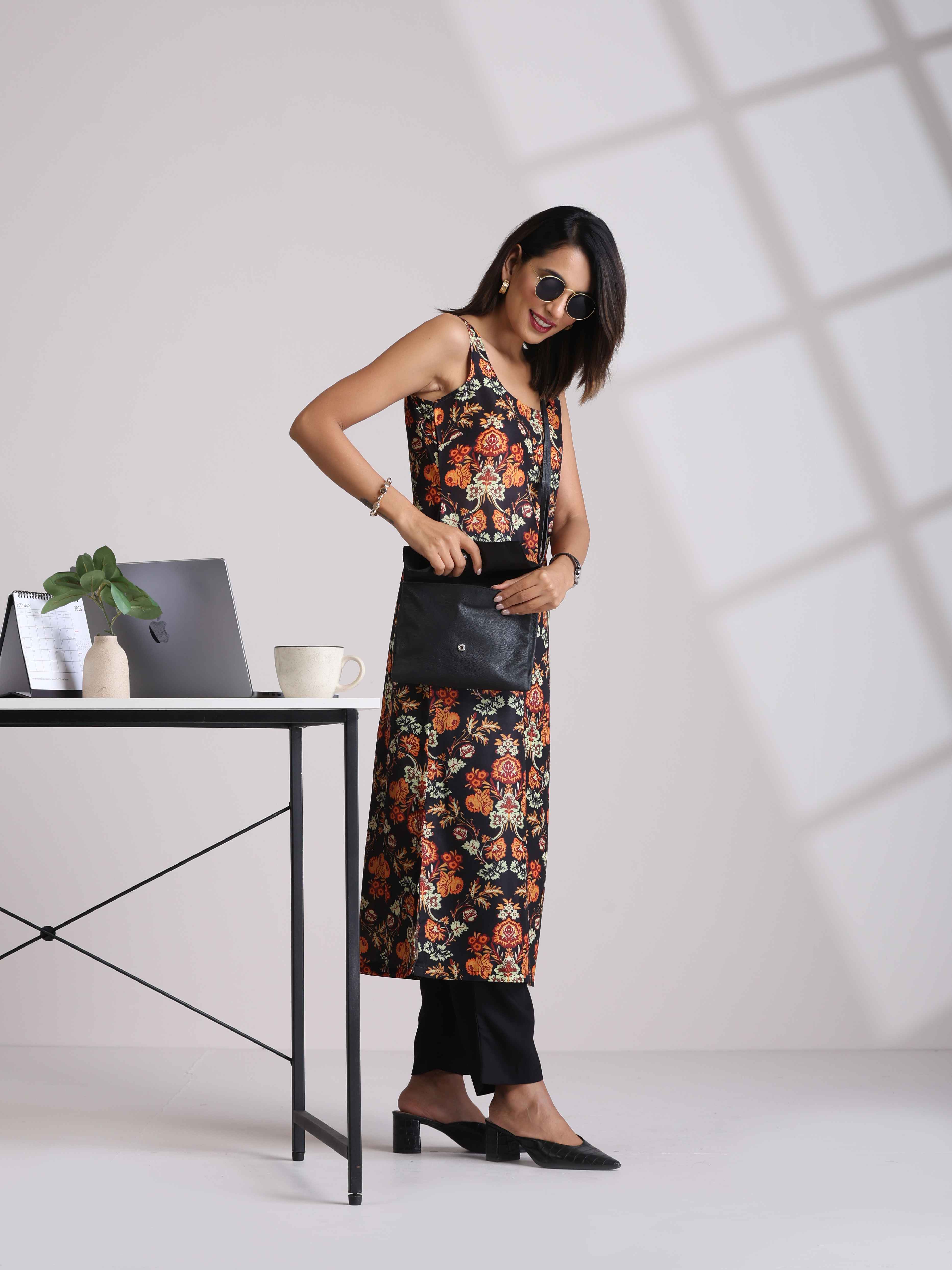 trueBrowns Black Print Straight Kurta Set