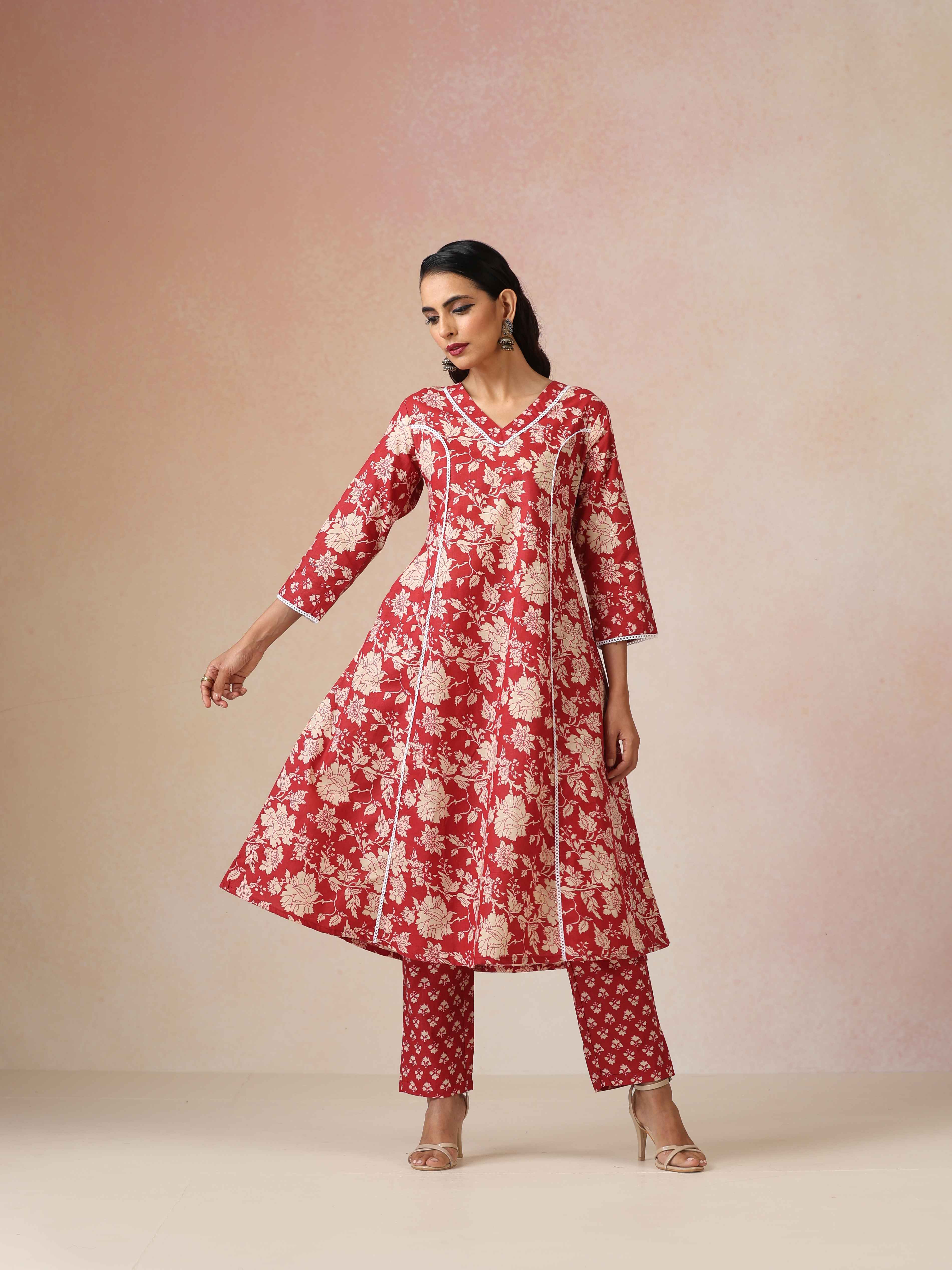 trueBrowns Red Cotton Print A Line Kurta 3pc Set